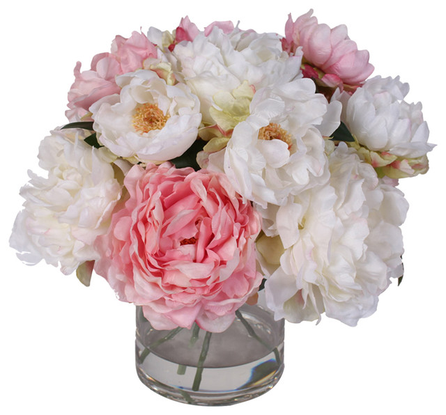 Silk French Peonies Bouquet In Glass Vase With Fake Water Artificial Flower Arrangements By Jenny Silks