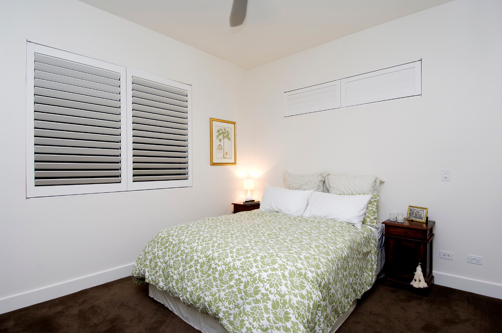 This is an example of a mid-sized modern bedroom in Brisbane with white walls and carpet.
