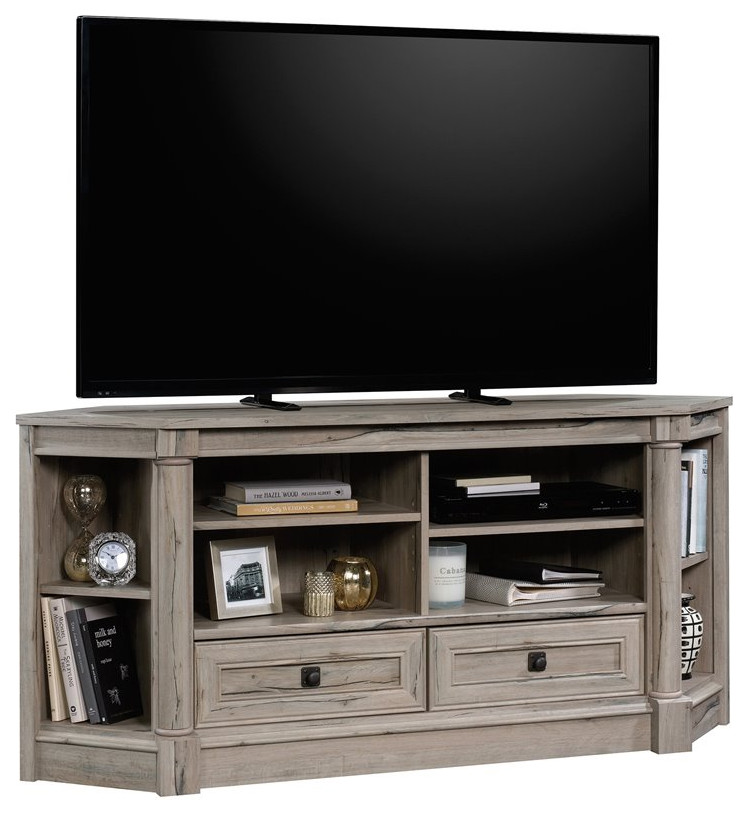 Pemberly Row Engineered Wood Corner TV Stand for TVs to 60" in Split Oak
