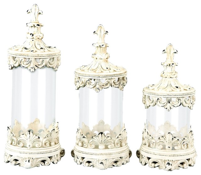 Briella 3Piece Glass Canister Set, Antique White Mediterranean Decorative Jars And Urns
