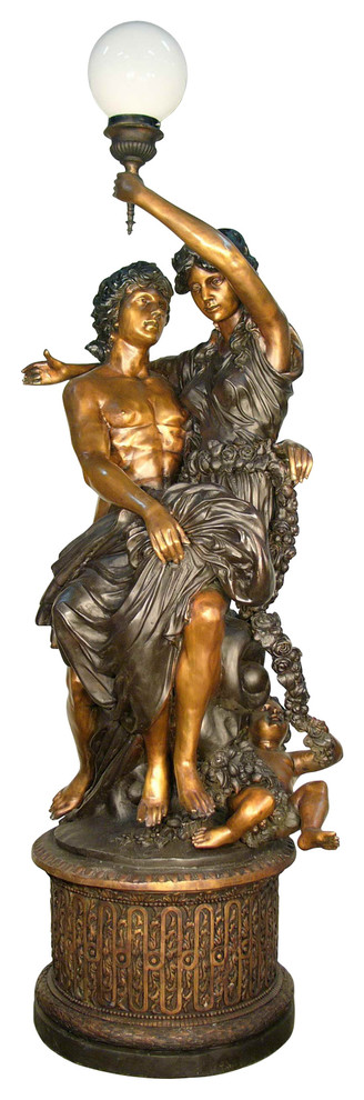 Man, Woman, and Child Embracing On a Pedestal With a Lamp Bronze Sculpture
