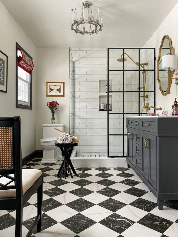 Design ideas for a mid-sized traditional master bathroom in Chicago with grey cabinets, an open shower, a one-piece toilet, white tile, subway tile, white walls, ceramic floors, quartzite benchtops, an open shower, white benchtops, a double vanity and a freestanding vanity.