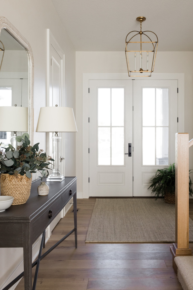 Стильный дизайн: фойе среднего размера в классическом стиле с белыми стенами, светлым паркетным полом, двустворчатой входной дверью и белой входной дверью - последний тренд