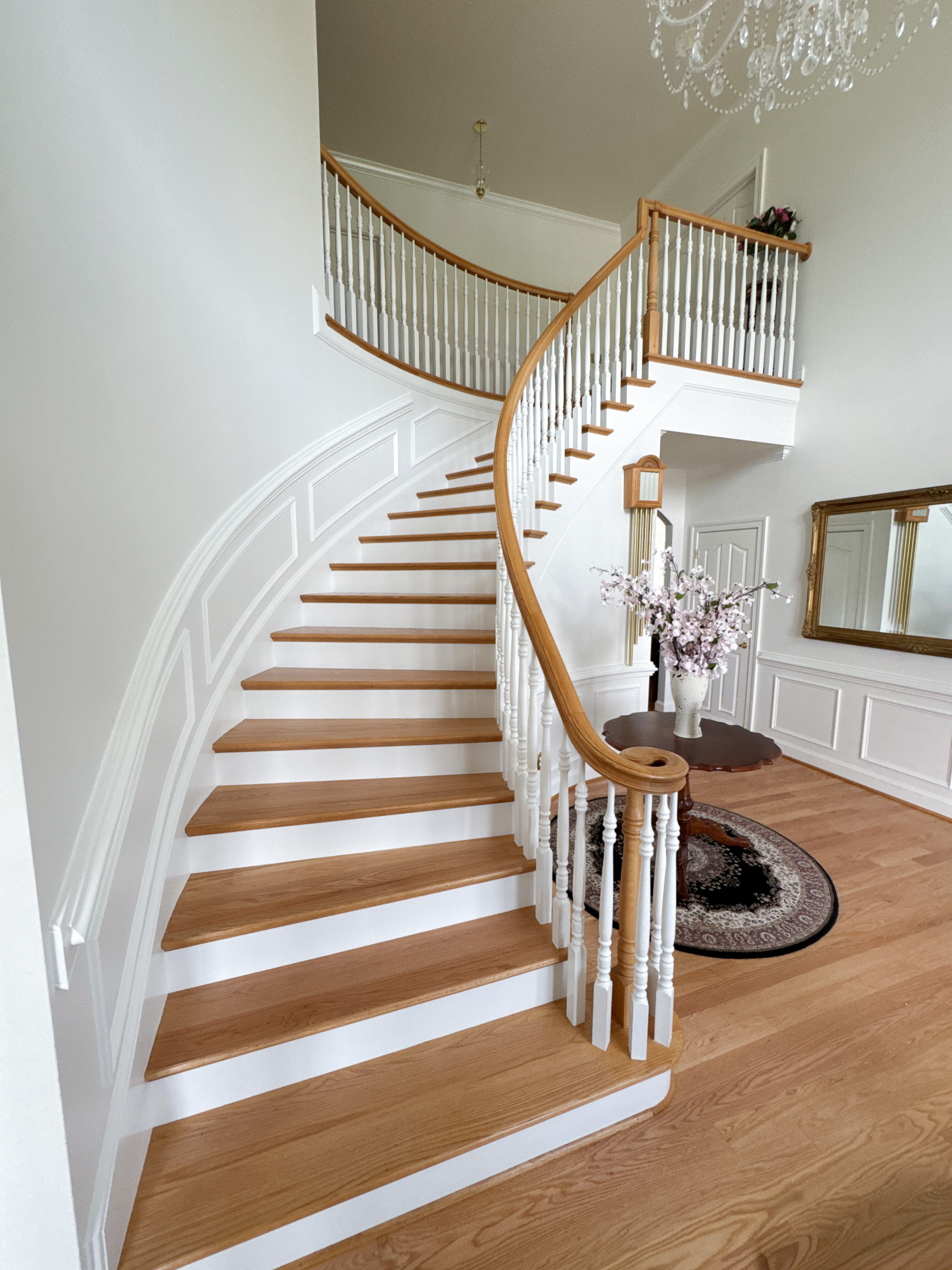 Project #161 | Curved Red Oak Foyer Staircase, 26 Years Later