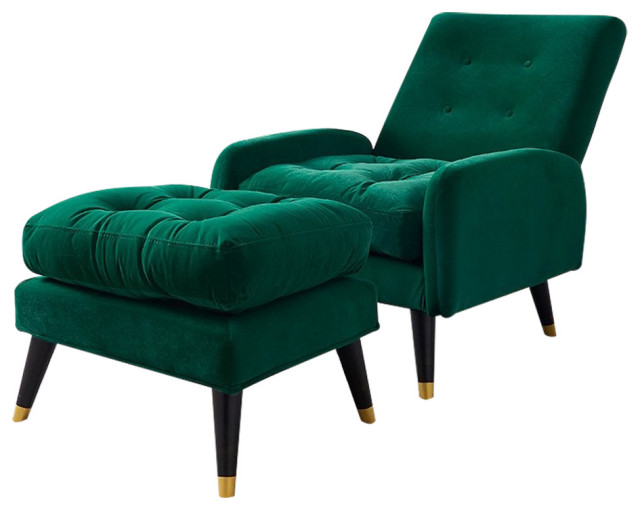 Velvet Upholstered Lounge Chair with Ottoman, Botton Tufted Adjustable