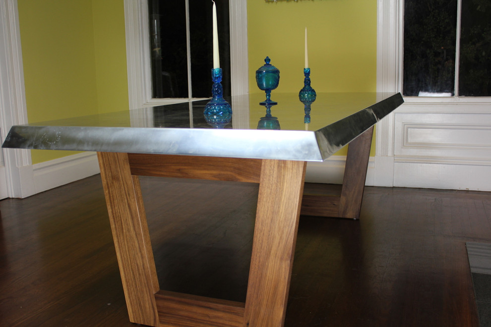 Example of a large transitional dark wood floor kitchen/dining room combo design in Chicago with yellow walls