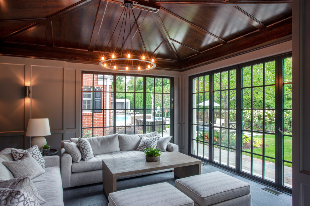 This is an example of a transitional sunroom in Chicago with a standard ceiling.