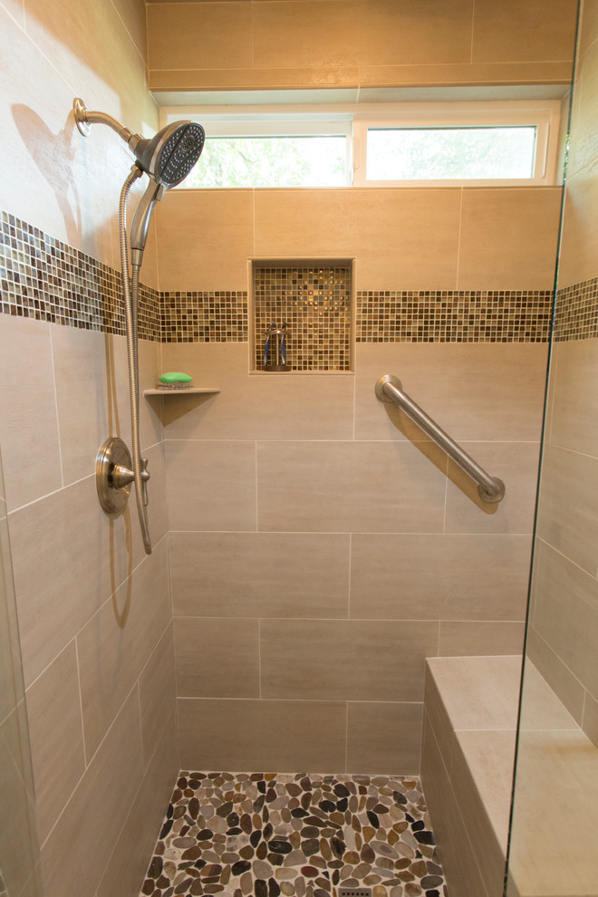 Inspiration for a mid-sized modern master bathroom in Portland with an undermount sink, shaker cabinets, white cabinets, engineered quartz benchtops, a drop-in tub, an alcove shower, beige tile, glass tile and porcelain floors.