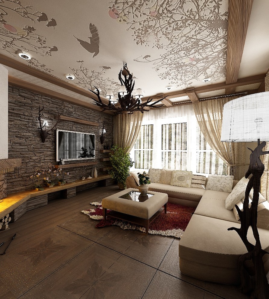 Дизайн проект гостиной в стиле "Шале"