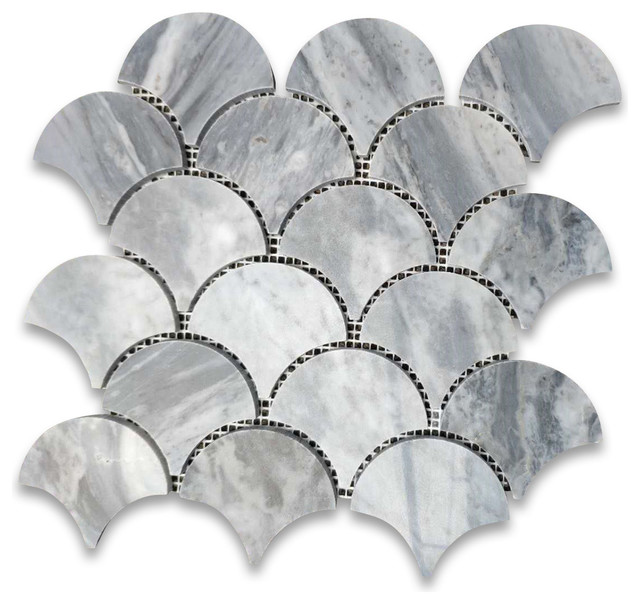 Bardiglio Gray Marble Fish Scale Fan Shell Shape Mosaic Tile Polished