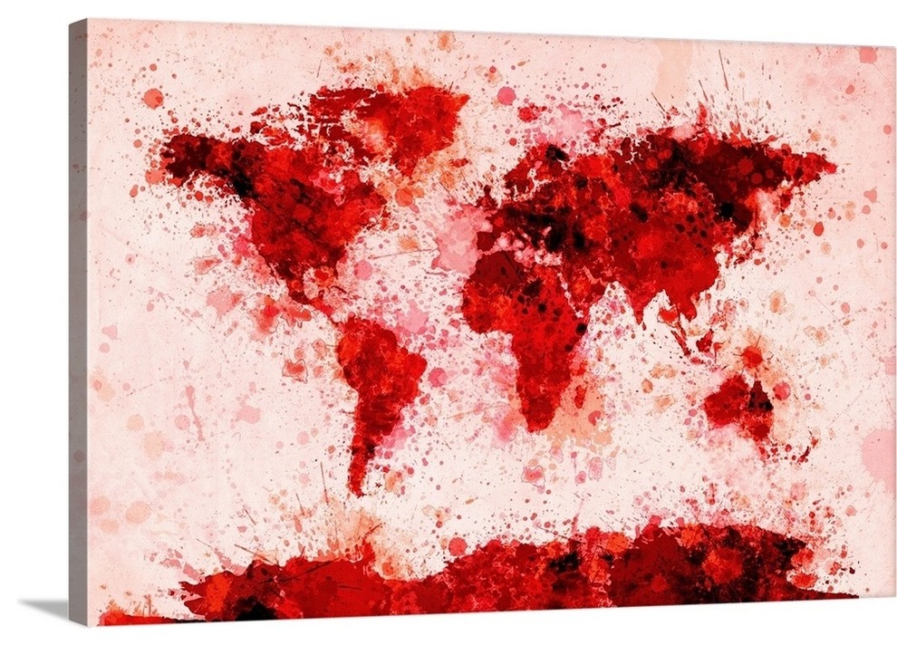 World Map Paint Splashes Red Wrapped Canvas Art Print, 48"x32