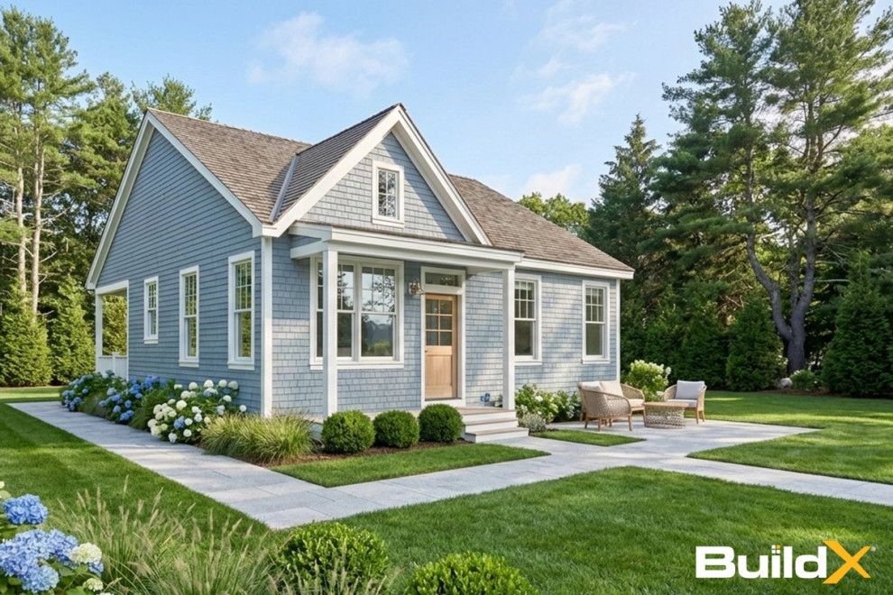 Example of a blue exterior home design in Boston