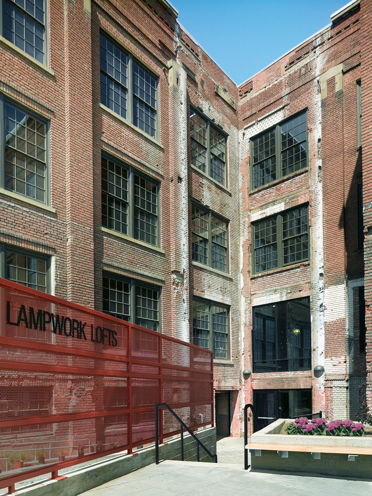 Expansive industrial three-storey red exterior in San Francisco.