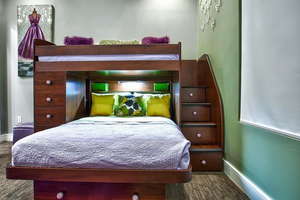 Large contemporary kids' bedroom in Houston with multi-coloured walls for girls.