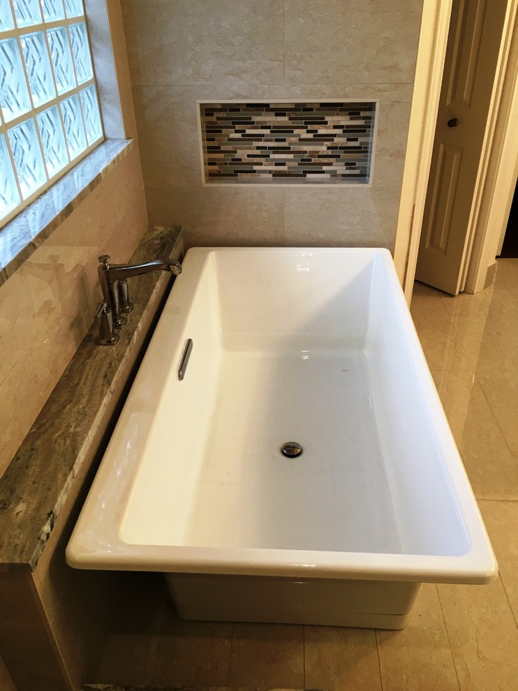 MASTER BATHROOM - Free Standing Tub / Crema Marfil Tile / White Reef