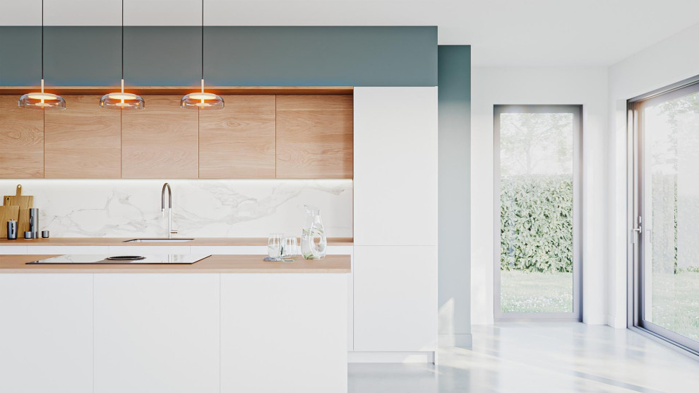 Foto på ett mellanstort minimalistiskt brun kök, med en undermonterad diskho, släta luckor, vita skåp, laminatbänkskiva, vitt stänkskydd, rostfria vitvaror, betonggolv, en köksö och grått golv