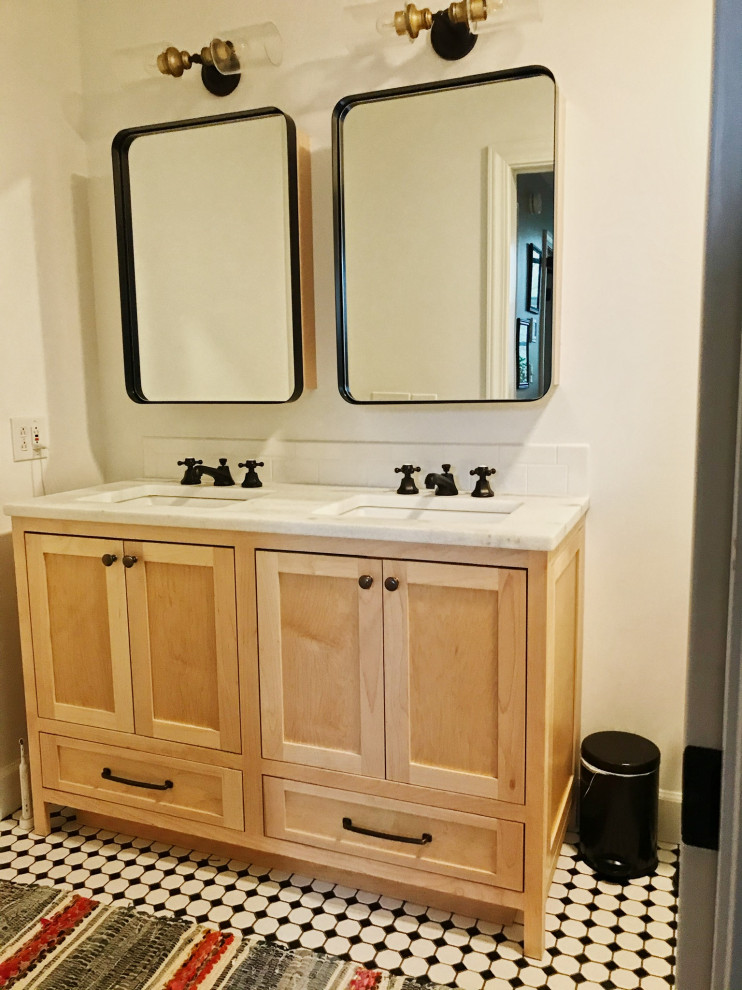 Inspiration for a mid-sized transitional kids' porcelain tile, white floor and double-sink freestanding bathtub remodel with shaker cabinets, light wood cabinets, a two-piece toilet, green walls, an undermount sink, marble countertops, white countertops and a built-in vanity