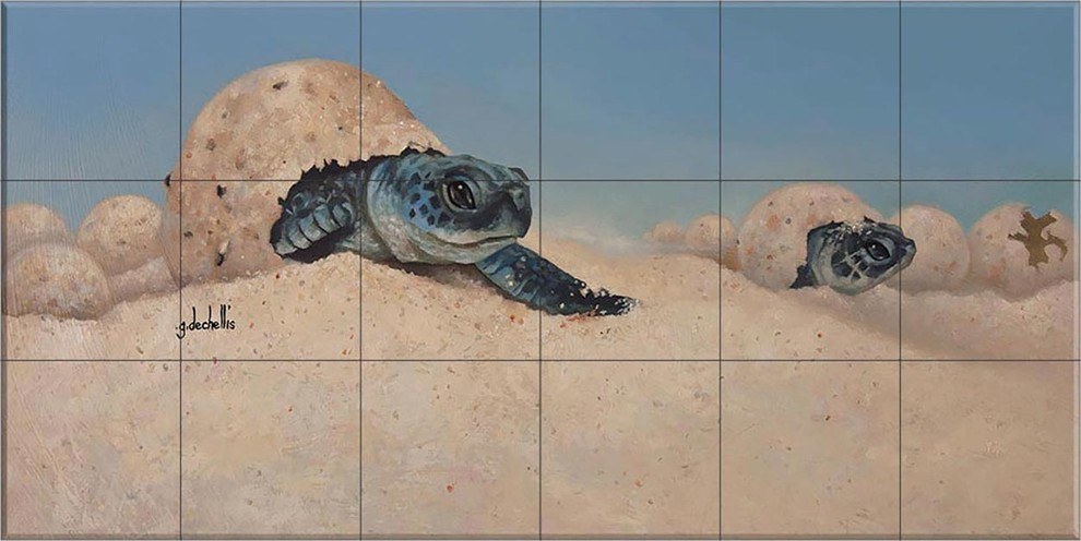 Ceramic Tile Mural, Sea Turtle Crawl, GD, by Garrett DeChellis