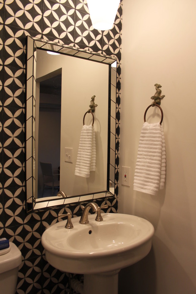 Inspiration for a transitional master black and white tile and cement tile alcove shower remodel in Dallas with multicolored walls and a pedestal sink