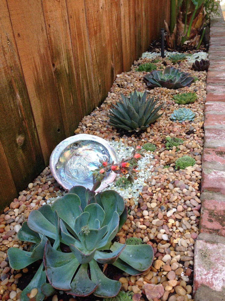 This is an example of a small mediterranean side yard partial sun xeriscape in Los Angeles.