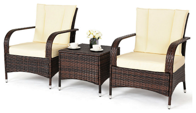 Costway 3pcs Outdoor Patio Mix Brown Rattan Wicker Furni Set Cushioned Beige Tropical Outdoor Lounge Sets By Goplus Corp