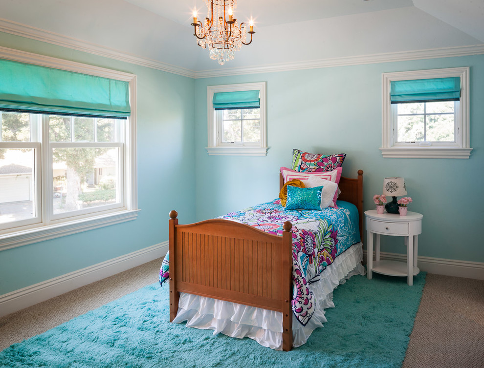 Inspiration for a mid-sized transitional bedroom in San Francisco with blue walls, carpet and no fireplace.