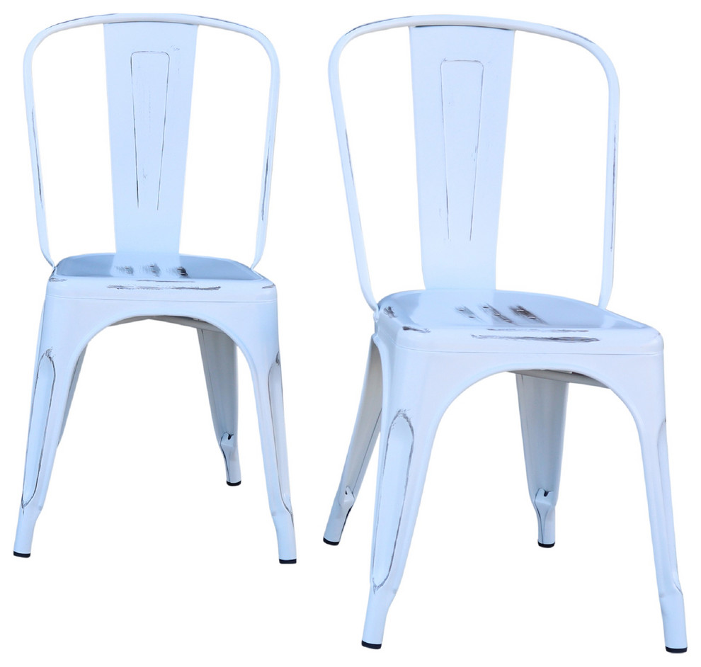 Industrial Metal Stackable Kitchen Dining Chair, Distressed White, Set of 2