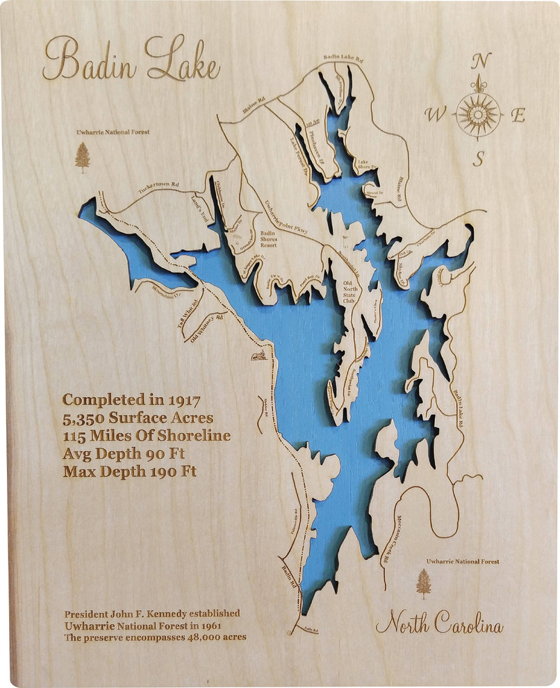 Badin Lake Fishing Map Badin Lake, North Carolina-Wood Lake Map - Rustic - Wall Accents - By Phd's  | Houzz