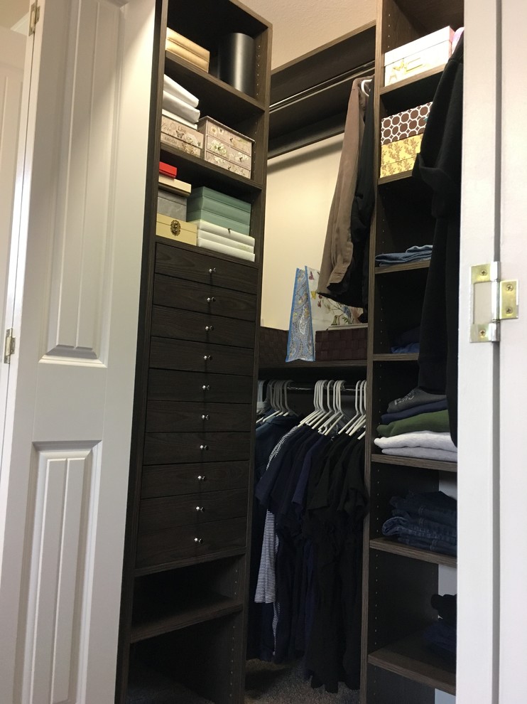 Example of a small transitional gender-neutral carpeted reach-in closet design with flat-panel cabinets and dark wood cabinets
