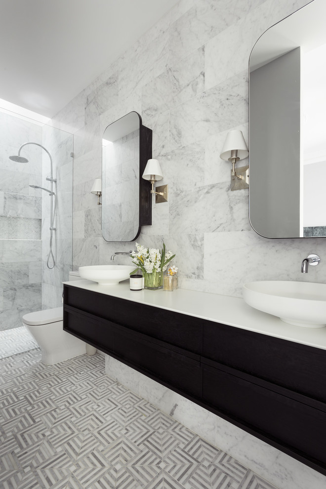 Inspiration for a small transitional master bathroom in Melbourne with furniture-like cabinets, dark wood cabinets, an open shower, a one-piece toilet, gray tile, marble, grey walls, marble floors, a vessel sink, engineered quartz benchtops, multi-coloured floor, an open shower and white benchtops.