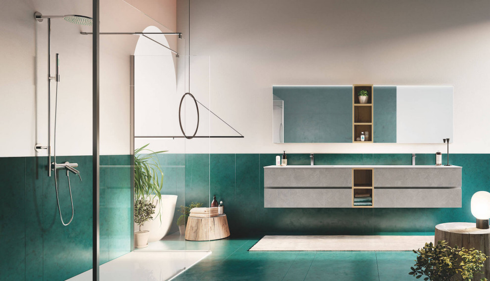 Idee per una grande stanza da bagno padronale minimalista con ante lisce, ante grigie, pavimento verde e due lavabi