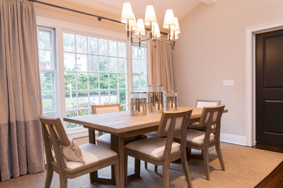 Design ideas for a mid-sized transitional open plan dining in New York with beige walls and dark hardwood floors.