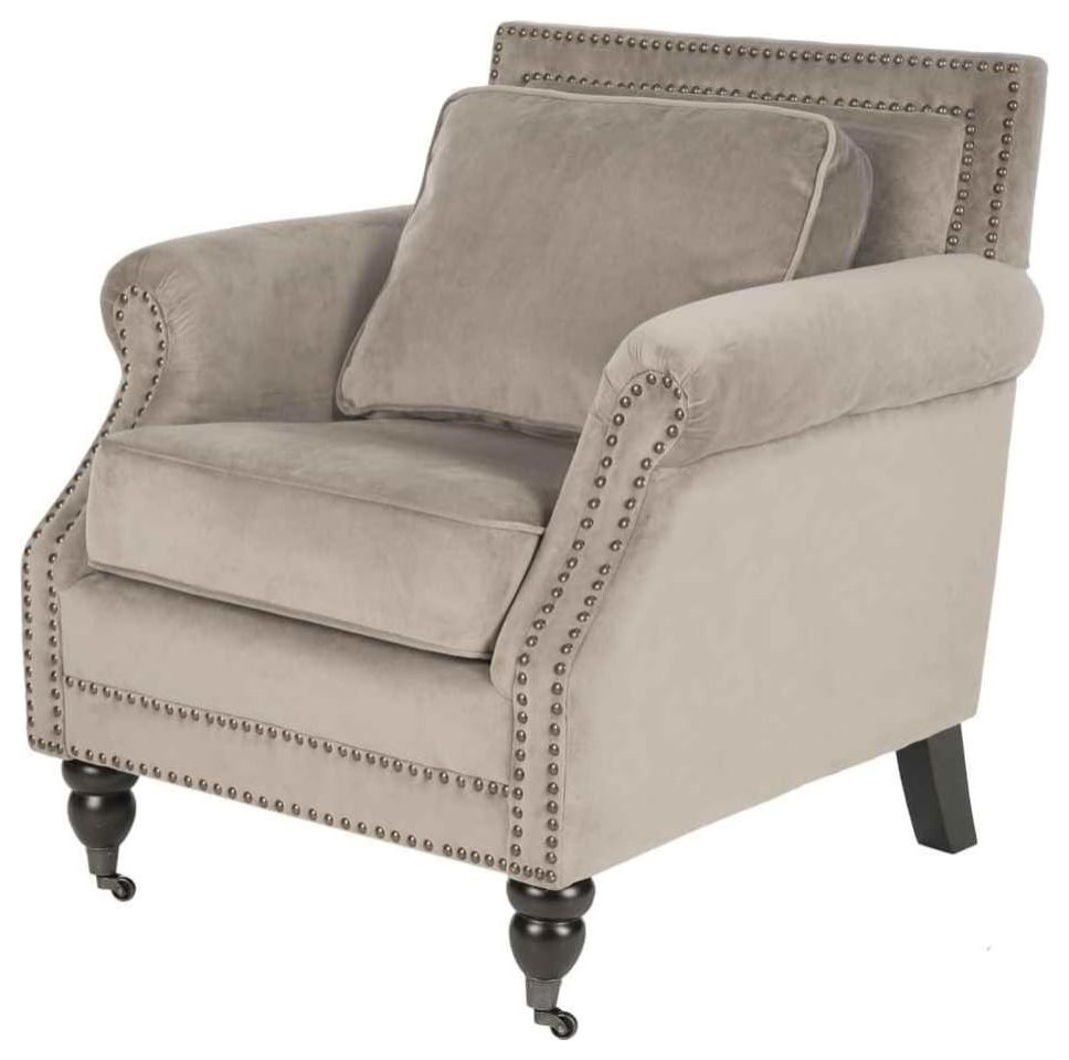 Classic Mushroom Velvet Accent Chair with Throw Pillow and Nailhead ...
