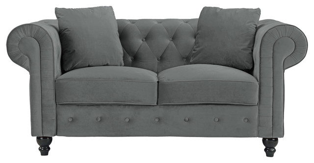 Classic Chesterfield Loveseat Sofa With Scroll Arms and Accent Pillows, Gray