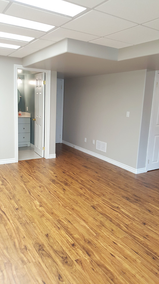 Large transitional walk-out laminate floor and brown floor basement photo in Toronto