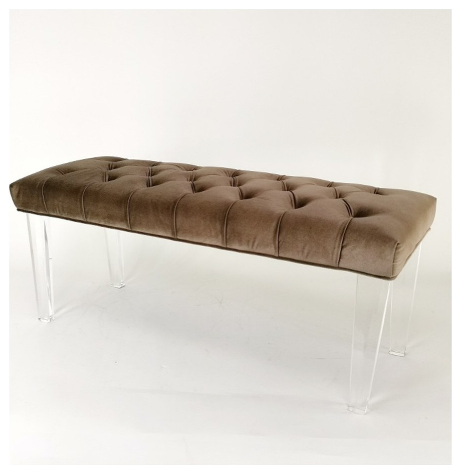 Boston Suede Bench 48Wx18Dx20"H in brown suede on clear acrylic legs
