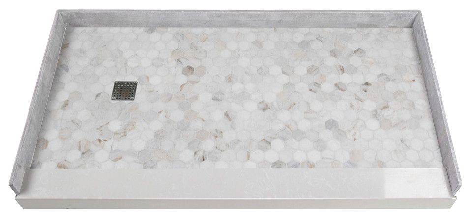 Transolid 60x32 PreTiled Shower Base, Right Drain, Off-White Hexagon