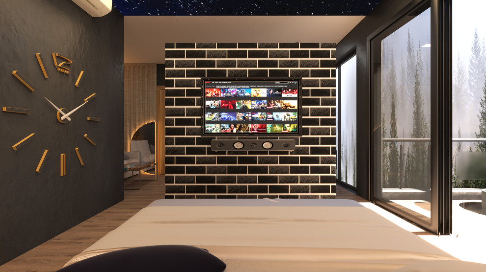 Imagen de dormitorio principal moderno con paredes negras, suelo de contrachapado, chimenea de esquina, marco de chimenea de piedra, suelo multicolor y papel pintado