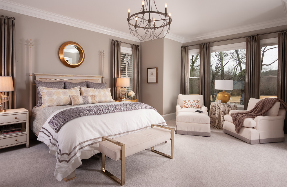 Photo of a large traditional master bedroom in Atlanta with grey walls, carpet and grey floor.