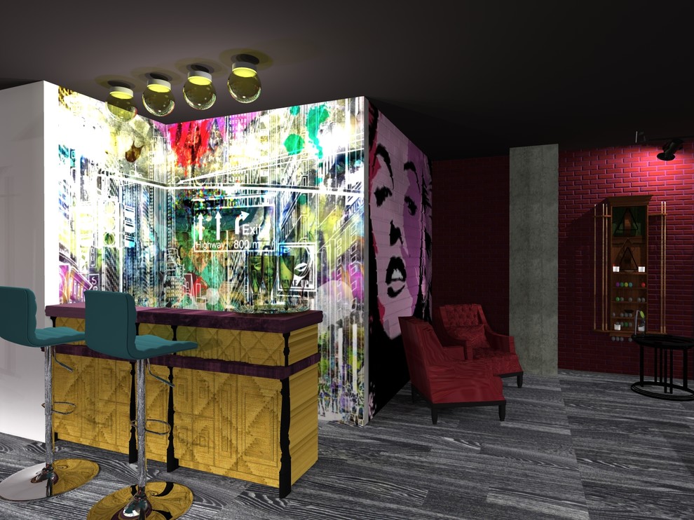 Бильярдный клуб в стиле эклектика с элементами поп-арта и индустриального стиля