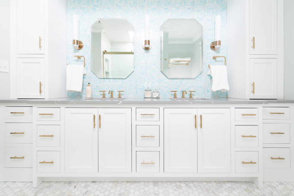 Transitional bathroom in Boston with beaded inset cabinets, white cabinets, an alcove tub, a shower/bathtub combo, a two-piece toilet, multi-coloured tile, mosaic tile, mosaic tile floors, an undermount sink, engineered quartz benchtops, grey floor, a sliding shower screen, grey benchtops, a double vanity and a built-in vanity.