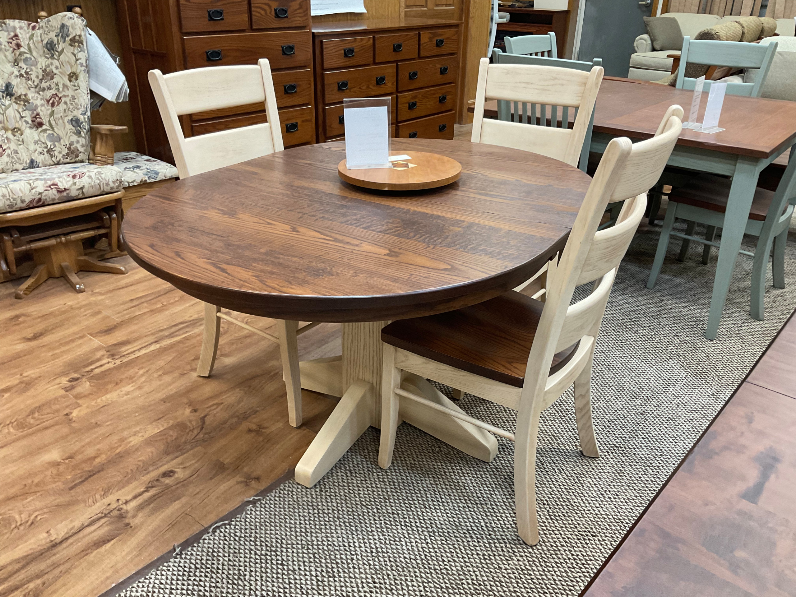 42 x 54 oval 2-leaf table. Oak wood. Hand planed top. 2-tone ladderback chairs