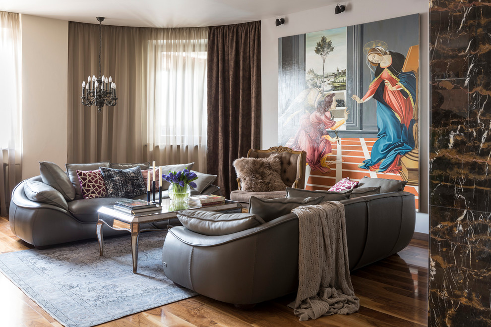 Inspiration for a large eclectic formal enclosed living room in Moscow with grey walls, medium hardwood floors and brown floor.