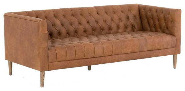 Williams Tufted Tan Leather Shelter Arm Sofa 75