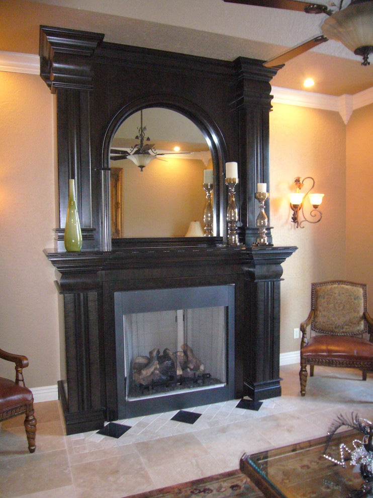 This is an example of a mid-sized traditional living room in Other with beige walls, porcelain floors, a standard fireplace and a wood fireplace surround.