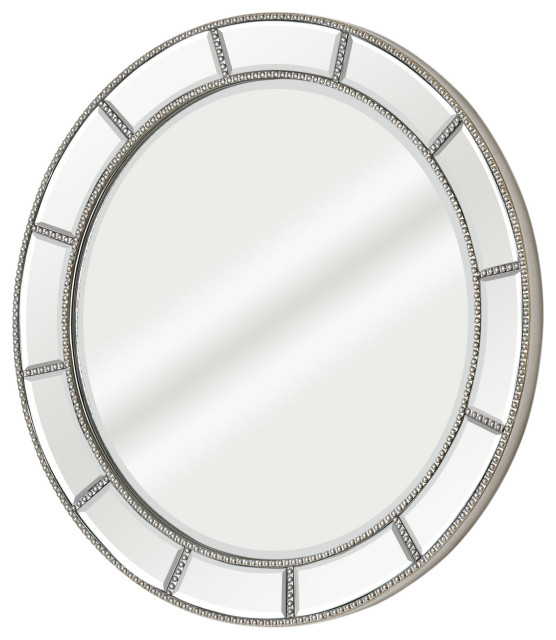Beaded Champagne Silver Beveled Round Wall Mirror 30 x 30, 30" x 30" x 1.5" Traditional