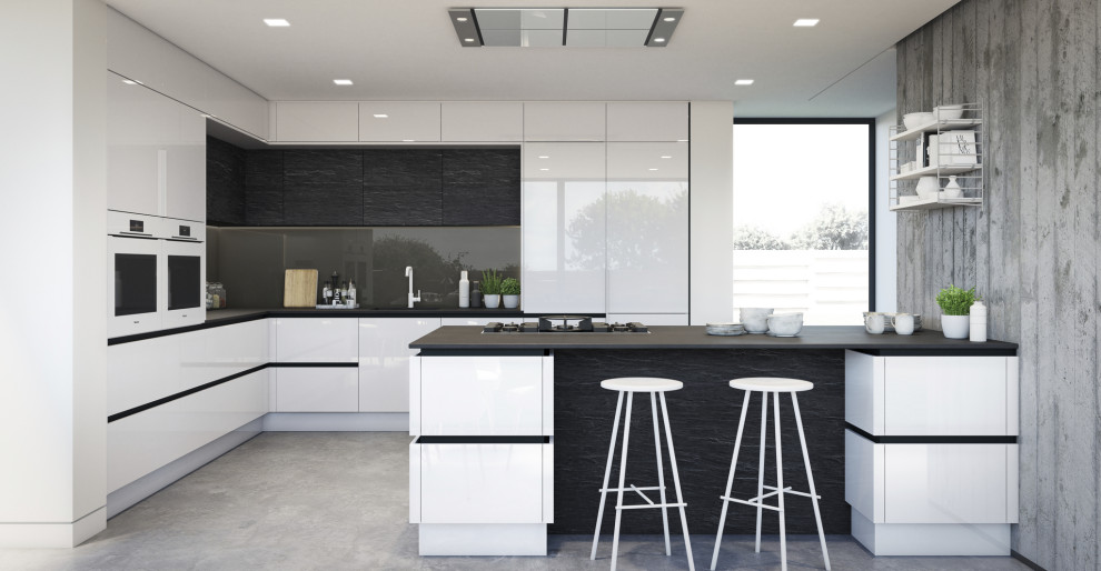 Design ideas for a mid-sized modern l-shaped eat-in kitchen in Other with an undermount sink, flat-panel cabinets, quartzite benchtops, white splashback, glass sheet splashback, black appliances, porcelain floors, with island, grey floor and white benchtop.