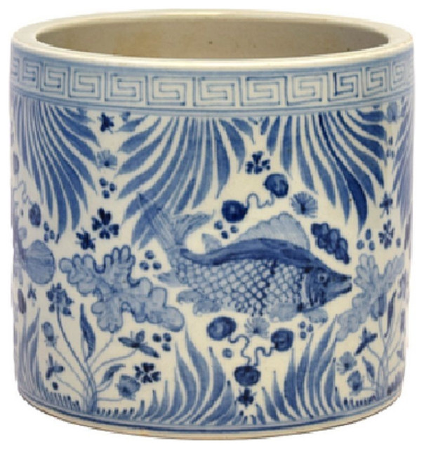 Vintage Style Blue And White Porcelain Fish Motif Flower Pot 7 Vintage Style Blue And White Porcelain Fish Motif Flower Pot 7