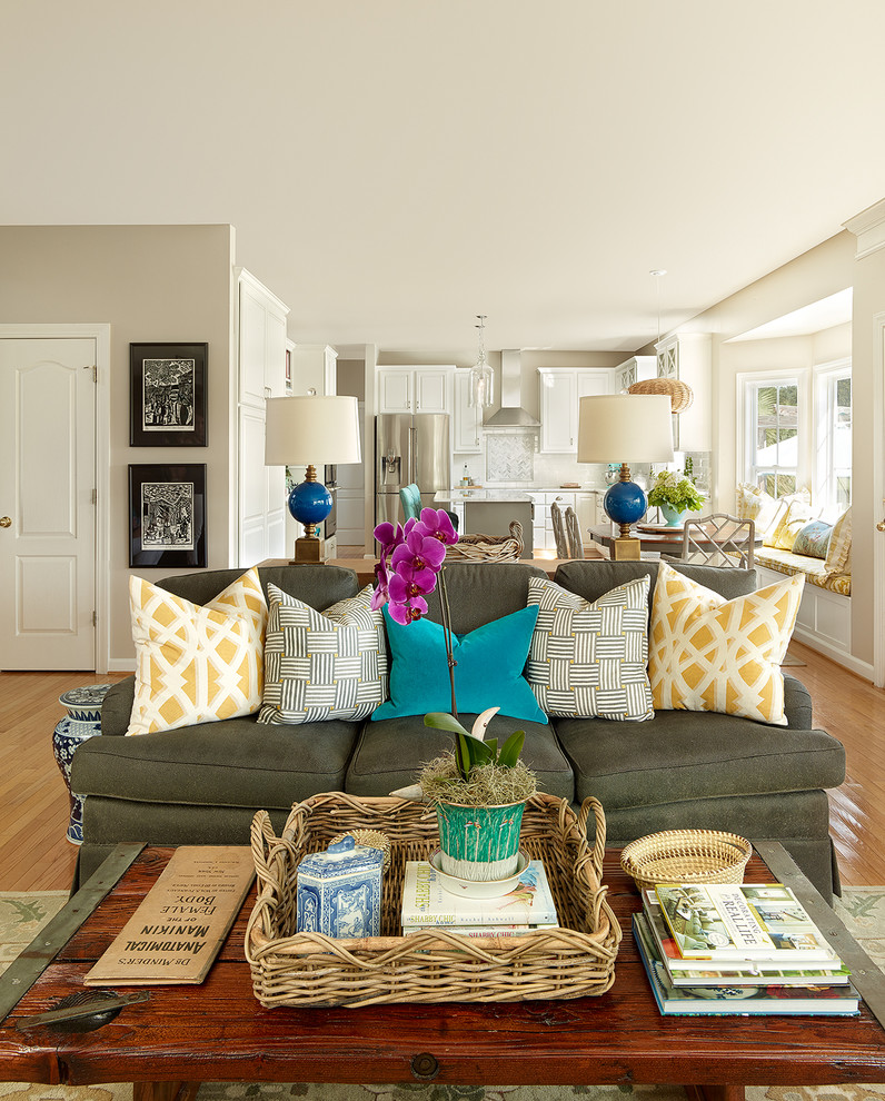 Mid-sized eclectic open concept family room in Charleston with grey walls and light hardwood floors.
