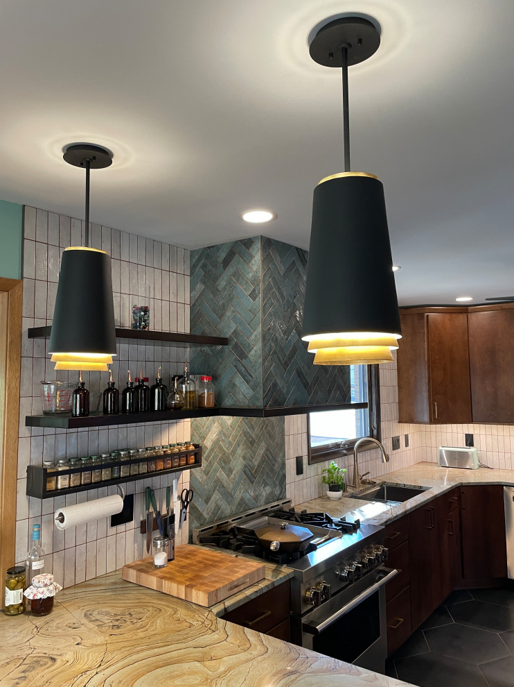 Design ideas for a mid-sized midcentury u-shaped eat-in kitchen in Other with an undermount sink, open cabinets, medium wood cabinets, quartzite benchtops, green splashback, porcelain splashback, stainless steel appliances, ceramic floors, a peninsula, black floor and green benchtop.